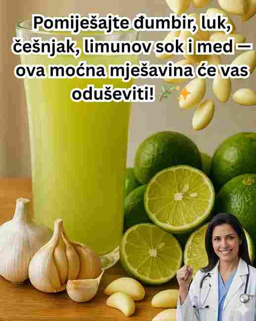 Pomiješajte naribani đumbir, luk, češnjak, limunov sok i med — ova moćna mješavina će vas oduševiti! 🌿✨